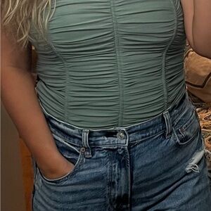 Ruched Green Sleeveless Top